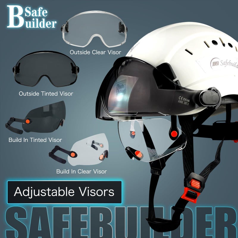 SAFEBUILDER خوذة أمان قبعة صلبة مع قناع شفاف وملون قابل للتعديل ABS تنفيس خوذة عمل 6 نقاط تعليق ANSI Z89.1 معتمدة للأغراض الصناعية (01-قبعة بيضاء مع قناع شفاف وملون) - Image 5
